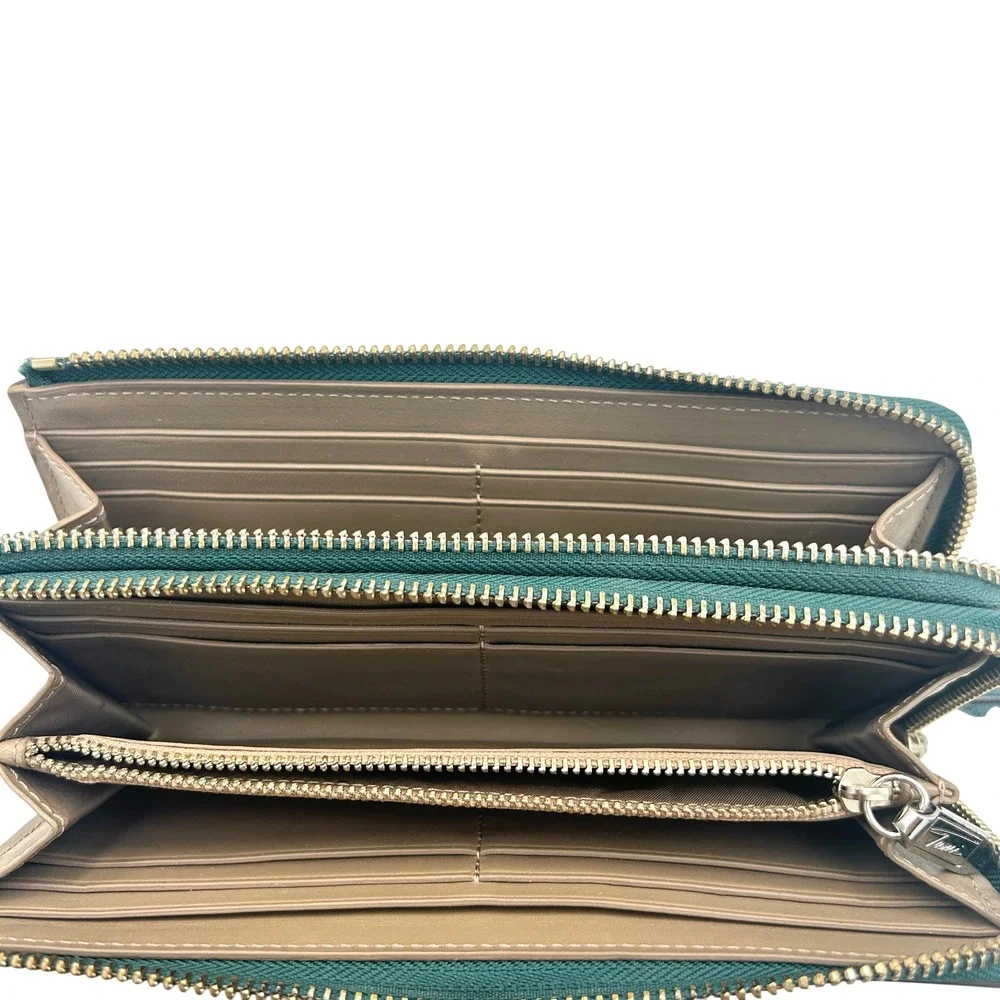 Tumi Zip Around Continental Travel Wallet Womens Leather Teal Lizard Embossed